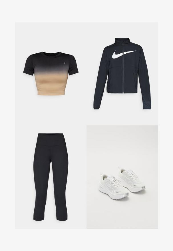 Black full-zip sports jacket with high collar, long sleeves, and large white Nike swoosh logo across the chest.; Short-sleeve crop top with a gradient from black to beige. Smooth texture, round neckline, and a subtle logo on the chest.; Black cropped leggings made of stretchy fabric, featuring a high waistband and smooth texture, with no visible patterns or hardware.; White athletic shoes with a textured mesh upper, cushioned sole, and subtle grey accents. Includes branding and looped heel tab for easy wear.