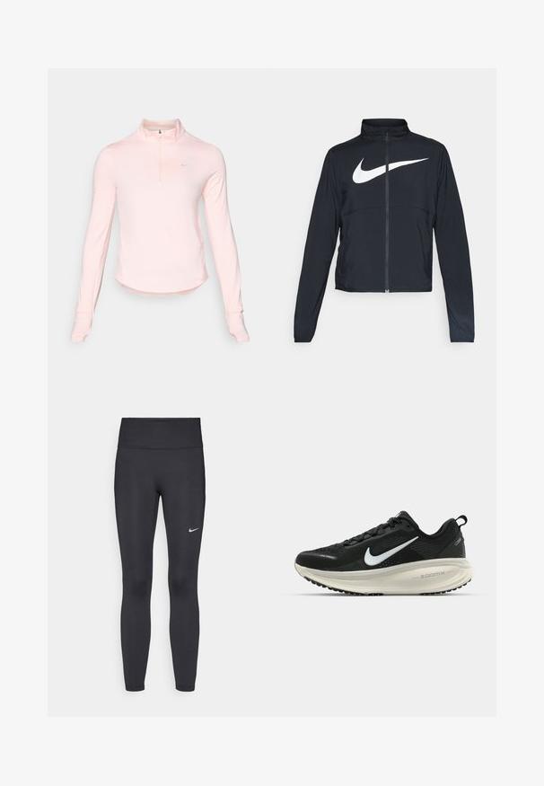 Črna športna jakna z polnim zadrgo, visokim ovratnikom, dolgimi rokavi in velikim belim logotipom Nike swoosh čez prsi.; Svetlo roza dolgi rokavi majica s četrtinskim zadrgo in visokim ovratnikom, izdelana iz mehkega materiala, z majhnim logotipom na levem prsnem delu in odprtinami za palce na manšetah.; Črne legice iz elastične tkanine, z visokim pasom in belim Nike logo na levem stegnu. Gladka tekstura, oblikovno prilegajoč dizajn.; Črne Nike tekaške čevlje z zračno mrežno zgornjim delom, belim logotipom Swoosh, teksturiranimi detajli in smetanasto barvnim srednjim delom ZoomX.