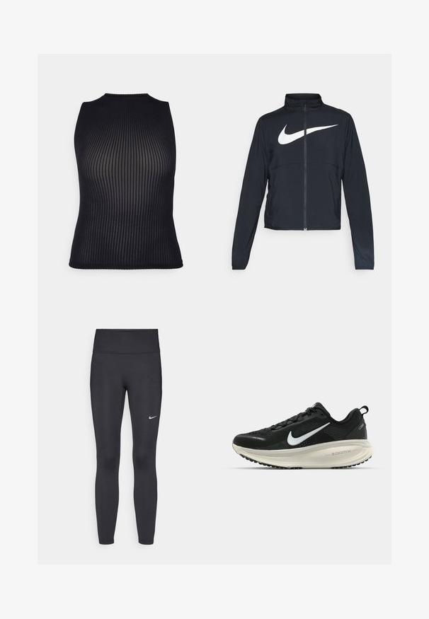 Schwarze Sportjacke mit vollem Reißverschluss, hohem Kragen, langen Ärmeln und großem weißen Nike-Swoosh-Logo auf der Brust.; Schwarzes, geripptes, ärmelloses Oberteil mit hohem Hals und strukturierten Details, das eine schmal geschnittene Form aufweist, die sich an den Körper anpasst.; Schwarze Leggings aus elastischem Stoff, mit einem hohen Bund und einem weißen Nike-Logo auf dem linken Oberschenkel. Glatte Textur, figurbetontes Design.; Schwarzer Nike-Laufschuh mit atmungsaktivem Mesh-Obermaterial, weißem Swoosh-Logo, strukturierten Details und einer cremefarbenen ZoomX-Zwischensohle.
