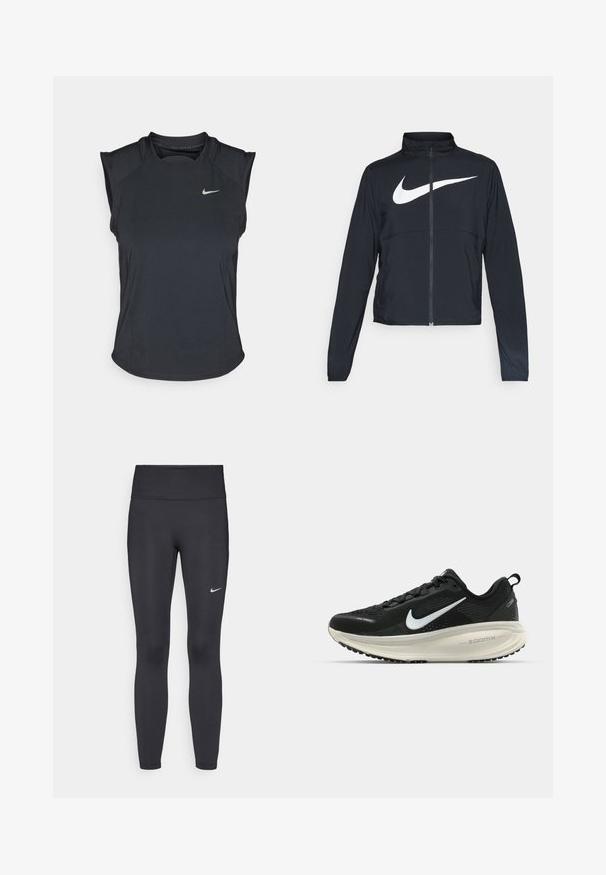 Zwarte sportjas met volledige rits, hoge kraag, lange mouwen en groot wit Nike swoosh-logo op de borst.; Nike Performance RUN TANK - Top - black; Zwarte legging van rekbare stof met een hoge tailleband en een wit Nike-logo op de linkerdij. Gladde textuur, aansluitend ontwerp.; Zwarte Nike hardloopschoen met ademend mesh bovenwerk, witte swoosh-logo, gestructureerde details en een crèmekleurige ZoomX middenzool.