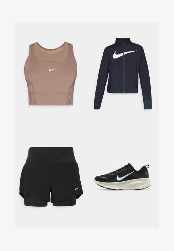 Giacca sportiva nera con zip completa, colletto alto, maniche lunghe e grande logo swoosh bianco Nike sul petto.; Bra sportivo marrone realizzato in tessuto elastico, con scollatura rotonda, cuciture rinforzate e logo Nike bianco sul davanti.; Pantaloni sportivi neri caratterizzati da un design a strati con un pantalone interno e una sovrapposizione esterna, realizzati in tessuto leggero e stretch.; Scarpa da corsa nera Nike con tomaia in rete traspirante, logo Swoosh bianco, dettagli testurizzati e intersuola ZoomX di colore crema.