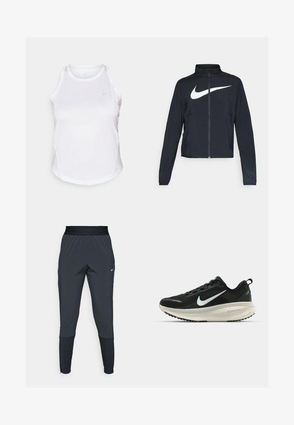 Casaco desportivo preto com fecho éclair completo, gola alta, mangas longas e grande logótipo branco da Nike na parte frontal.; Top desportivo branco, com decote redondo, sem mangas, e um logotipo reflexivo discreto. Feito de um tecido suave e que remove a humidade.; Calças de treino Nike em cinza escuro, com um design de perna afunilada, cintura elástica e detalhes de destaque próximo aos punhos.; Sapatilha de corrida Nike preta com parte superior de malha respirável, logotipo Swoosh branco, detalhes texturizados e uma entressola ZoomX na cor creme.