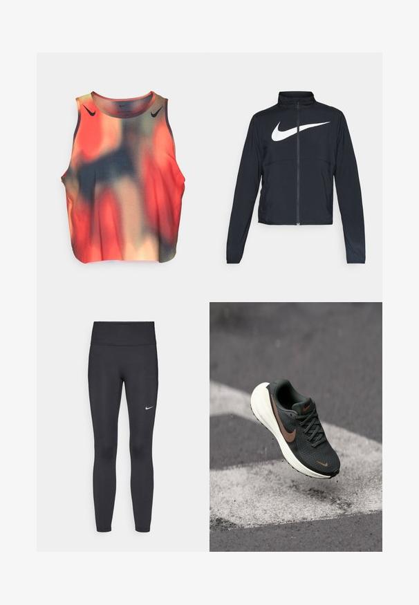 Melnā sporta jaka ar pilnu rāvējslēdzēju, augstu apkakli, garām piedurknēm un lielu baltu Nike swoosh logotipu krūšu daļā.; Bez piedurknēm sporta tops ar gradienta rakstu sarkannā, oranžā un tumši zilos toņos; izgatavots no gludas, elastīgas auduma. Melni logotipa akcenti.; Melnas legingi, izgatavoti no elastīga auduma, ar augstu jostu un baltu Nike logotipu kreisajā augšstilbā. Gluda tekstūra, piegulošs dizains.; Melna sieta skrējiena apava ar faktūrētu augšu, brūnu Nike zīmi un baltu amortizējošu zoli, kas karājas virs pelēkas virsmas.