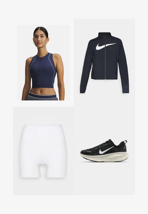 Musta urheilutakki, jossa on täysivetoketju, korkea kaulus, pitkät hihat ja suuri valkoinen Nike-tikkauksella rintaosa.; Tummansininen urheilu crop-top, jossa on puoliveto, hihaton muotoilu, rei'itetty rakenne hengittävyyttä varten ja valkoiset korostustikkaukset.; Valkoiset korkeavyötäröiset shortsit, jotka on valmistettu joustavasta kankaasta. Ominaisuuksiin kuuluu sileä pinta ja tiukka muotoilu, ilman lisäkuvioita tai varusteita.; Mustat Nike-juoksukengät, joissa on hengittävä verkko-osa, valkoinen swoosh-logo, teksturoitu yksityiskohtaus ja kermaisen värinen ZoomX-välipohja.