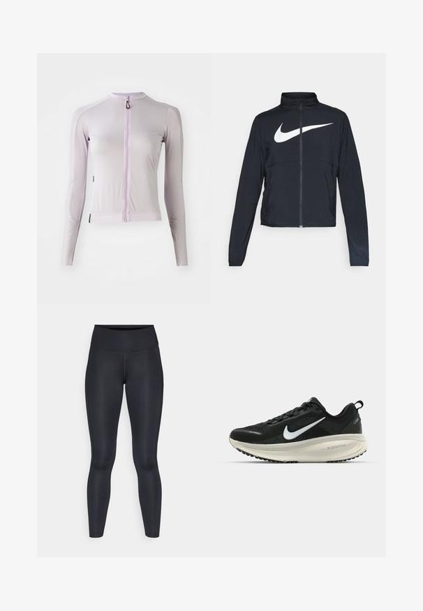 Černá sportovní bunda na zip s vysokým límcem, dlouhými rukávy a velkým bílým logem Nike swoosh přes prsa.; Sportovní top s dlouhým rukávem ve světle levandulové barvě, vyrobený ze strukturované látky. Má přední zip a přiléhavý střih s akcentovaným šitím.; Černé legíny vyrobené z hladké, elastické tkaniny. Vysoký pas bez viditelných vzorů nebo akcentů. Těsně přiléhají od pasu k kotníkům.; Černá běžecká obuv Nike s prodyšným síťovaným svrškem, bílým logem swoosh, texturovanými detaily a krémovou mezipodešví ZoomX.