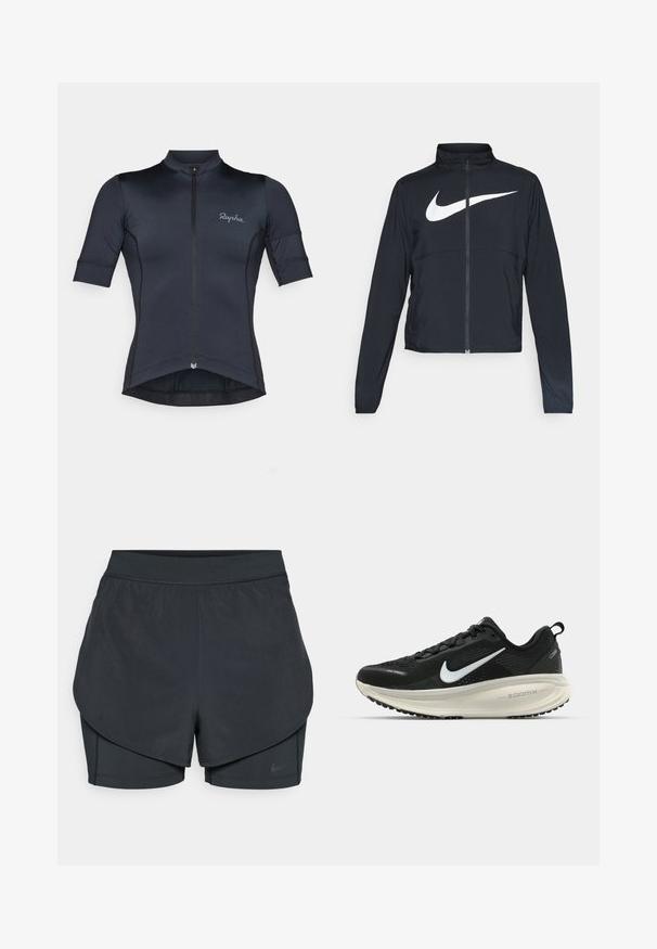 Čierna športová bunda na zips s vysokým golierom, dlhými rukávmi a veľkým bielym logom Nike na hrudi.; Krátky rukáv cyklistický dres v tmavom námorníctve, vyrobený z ľahkej, elastickej látky. Obsahuje zips vpredu a logo Rapha na hrudi.; Čierne športové šortky s vrstveným dizajnom, s hladkou vonkajšou vrstvou a priliehavými vnútornými šortkami. Vyrobené z ľahkej, elastickej tkaniny.; Čierne bežecké topánky Nike s priedušnou sieťovinou, bielym logom s symbolom swoosh, textúrovanými detailmi a krémovou ZoomX medzipodrážkou.