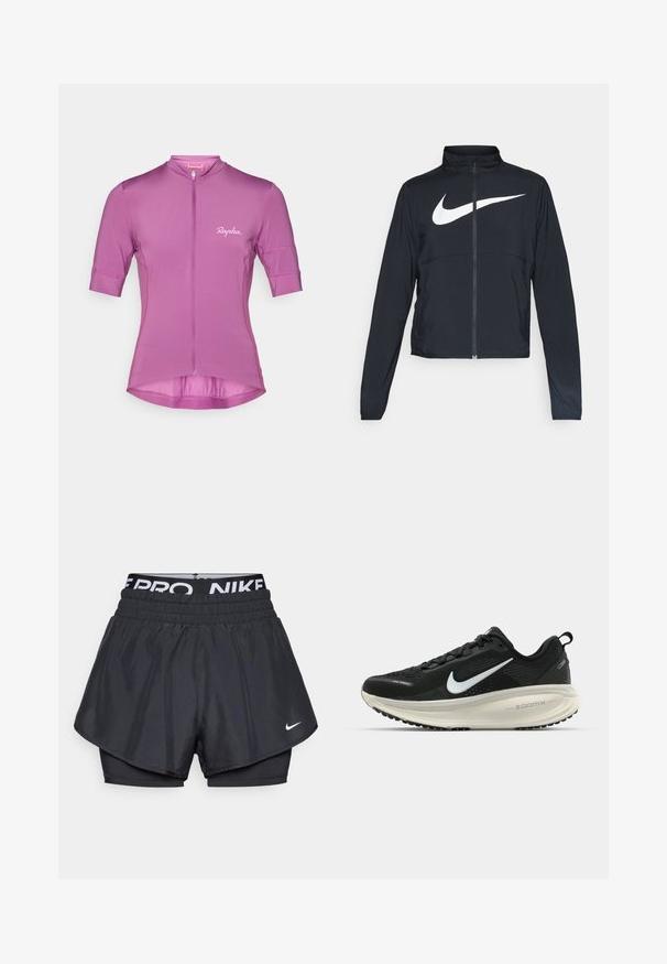 Czarna bluza sportowa na zamek błyskawiczny z wysokim kołnierzem, długimi rękawami i dużym białym logo Nike na klatce piersiowej.; Krótki rękaw rowerowej koszulki w jasnym fiolecie, z zamkiem błyskawicznym z przodu, dopasowanym krojem oraz subtelnym logo "Rapha" nadrukowanym na klatce piersiowej.; Czarne szorty sportowe o warstwowej konstrukcji, z oddychającą zewnętrzną warstwą, elastycznym pasem z logo i małym znakiem z przodu.; Czarna biegowa półbut z oddychającej siateczki, białym logo swoosh, teksturowanymi detalami oraz kremową podeszwą środkową ZoomX.