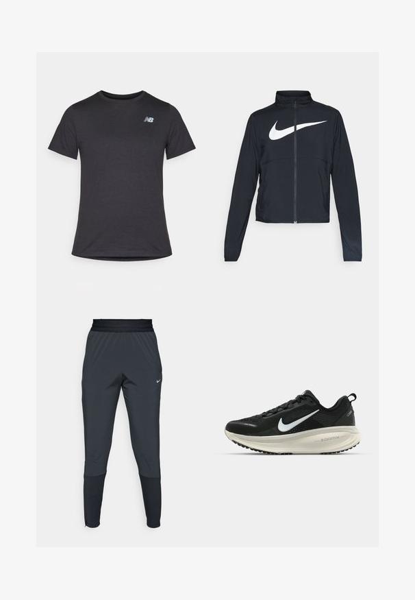 Chaqueta deportiva negra de cremallera completa con cuello alto, mangas largas y gran logo de Nike en blanco en el pecho.; Camiseta negra de manga corta hecha de una tela suave, con un pequeño logotipo gris de New Balance en la parte superior izquierda del pecho, diseño clásico de cuello redondo.; Pantalones deportivos Nike en gris oscuro, con un diseño de pierna tapered, cinturilla elástica y detalles de acento cerca de los puños.; Zapatilla de running Nike negra con parte superior de malla transpirable, logo Swoosh blanco, detalles texturizados y una entresuela ZoomX de color crema.