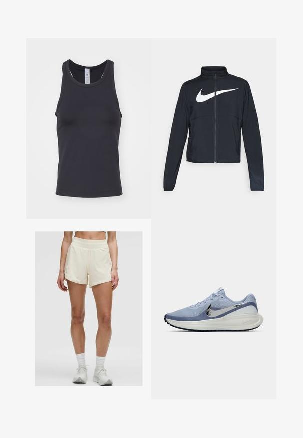 Melnā sporta jaka ar pilnu rāvējslēdzēju, augstu apkakli, garām piedurknēm un lielu baltu Nike swoosh logotipu krūšu daļā.; Melnā bezpiedurkņu tops, izgatavots no mīksta, elastīga auduma. Tam ir noapaļota kakla izgriezuma forma un platās plecu siksnas, paredzēts ciešai piegulšanai.; Kreemkrāsas sporta šorti ar elastīgu jostasvietu un sānu kabatām. Audums izskatās gluds un viegls, piemērots aktīvai nodarbībai.; Gaiši zila un balta Nike skrienošā apavi ar sudraba Swoosh logotipu, elpojošs sietiņaudums augšdaļā, mīksta zole un melna ārējā zole.