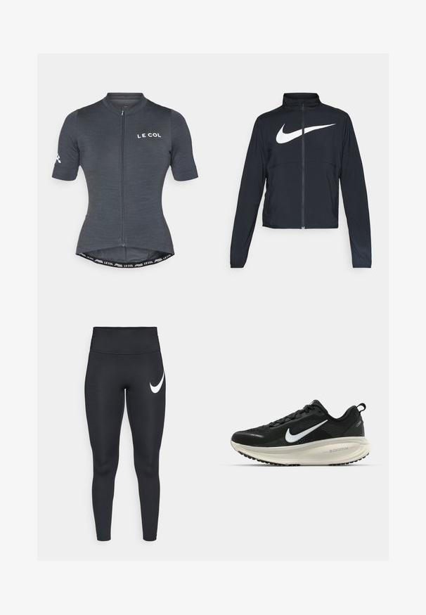 Czarna bluza sportowa na zamek błyskawiczny z wysokim kołnierzem, długimi rękawami i dużym białym logo Nike na klatce piersiowej.; Szary trykot kolarski z krótkimi rękawami, z zamkiem błyskawicznym z przodu i dopasowanym krojem. Posiada logo marki oraz kontrastowy detal w pasie.; Czarne sportowe legginsy o wysokim stanie z białym logo Nike w kształcie suwka na górnej lewej udzie, na białym tle.; Czarna biegowa półbut z oddychającej siateczki, białym logo swoosh, teksturowanymi detalami oraz kremową podeszwą środkową ZoomX.