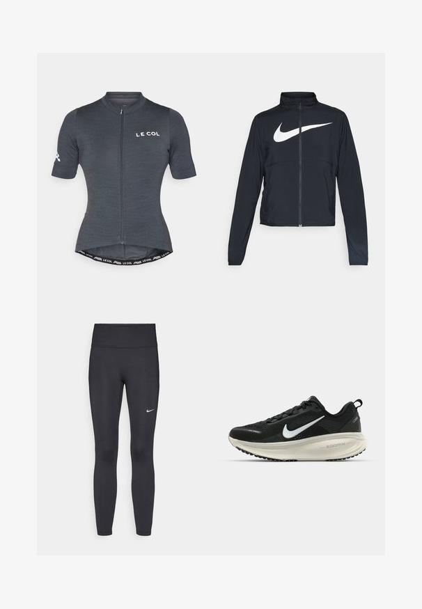 Svart joggebund med hel glidelås, høy krage, lange ermer og stort hvitt Nike swoosh-logo over brystet.; Grå sykkelskjorte med korte ermer, frontglidelås og en tettsittende design. Har en merket logo og kontrasterende detalj på livet.; Sorte leggings laget av elastisk stoff, med høy livlinje og en hvit Nike-logo på venstre lår. Glatt tekstur, kroppsnær passform.; Svart Nike løpesko med pustende mesh-overdel, hvit swoosh-logo, teksturert detaljer og en kremfarget ZoomX mellomsåle.