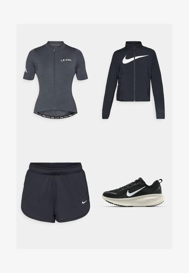 Černá sportovní bunda na zip s vysokým límcem, dlouhými rukávy a velkým bílým logem Nike swoosh přes prsa.; Šedý cyklistický dres s krátkým rukávem, předním zipem a přiléhavým střihem. Obsahuje značkovou nášivku a kontrastní detaily na pasu.; Černé sportovní šortky vyrobené z lehké, prodyšné látky. Obsahují elastický pás a bílé logo Nike na dolní pravé straně.; Černá běžecká obuv Nike s prodyšným síťovaným svrškem, bílým logem swoosh, texturovanými detaily a krémovou mezipodešví ZoomX.