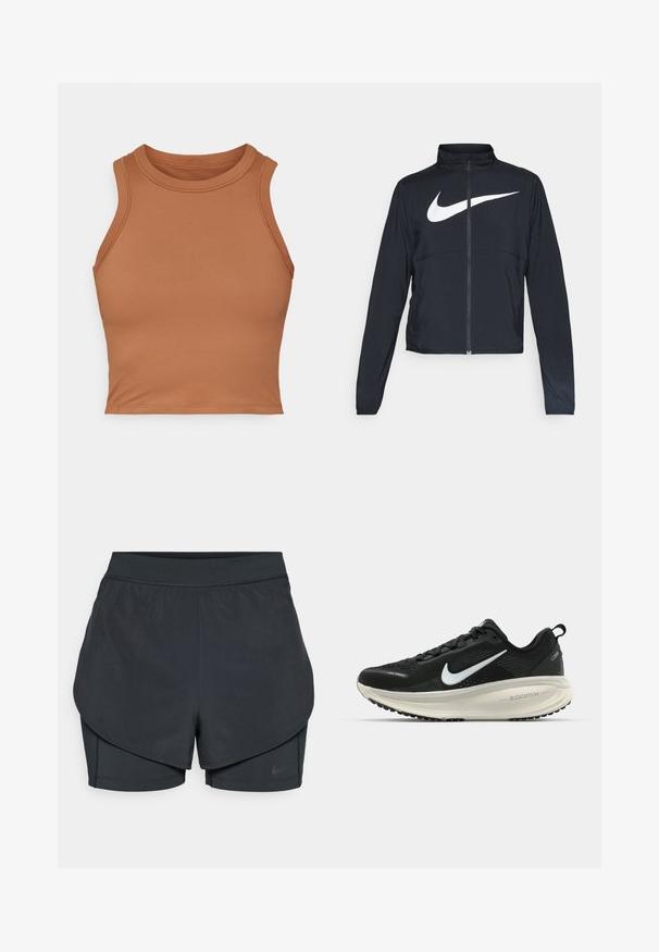 Fekete, teljes cipzáros sportdzseki magas gallérral, hosszú ujjal, amelyen egy nagy, fehér Nike logó található a mellkason.; Barna, ujjatlan crop top sima anyagból. Magas nyakkivágással és szorosan szegélyezett élekkel rendelkezik a testhezálló megjelenés érdekében.; Fekete sportnadrág réteges kialakítással, sima külső résszel és illeszkedő belső nadrággal. Könnyű, rugalmas anyagból készült.; Fekete Nike futócipő légáteresztő hálós felsőrésszel, fehér Swoosh logóval, textúrázott részletekkel és krém színű ZoomX középtalppal.