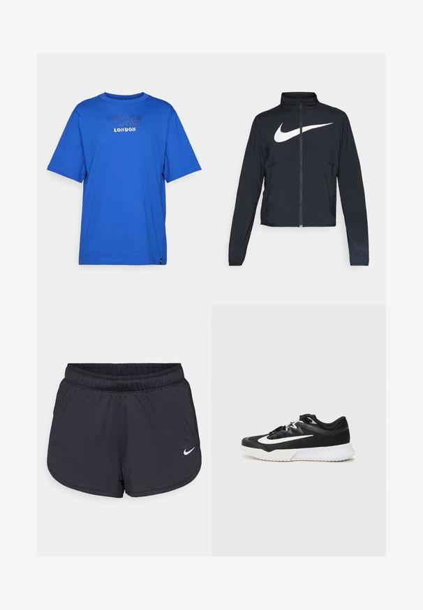 Jachetă sport neagră cu fermoar pe toată lungimea, guler înalt, mâneci lungi și un logo mare alb Nike swoosh pe piept.; Tricou din bumbac albastru cu guler rotund, mâneci scurte și un imprimeu texturat cu "LONDON" pe față. Fără modele sau accente.; Pantaloni scurți atletici negri, confecționați dintr-un material ușor și respirabil. Prezintă un brâu elastic și logo-ul alb Nike în colțul din dreapta jos.; Pantofii sport negri cu accente albe, având un guler texturat, vârf rotund, șireturi plate și o talpă groasă din cauciuc alb.