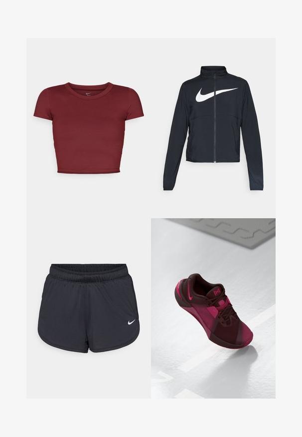 Black full-zip sports jacket with high collar, long sleeves, and large white Nike swoosh logo across the chest.; Burgundy, short-sleeved crop top made of smooth fabric with a round neckline. Minimalist design, no visible logos or patterns.; Black athletic shorts with an elastic waistband, featuring a sporty design and a white Nike logo on the lower front. Textured fabric.; Dark maroon athletic shoe with pink accents. Features a mesh upper, rounded toe, and textured sole. Laces and logo prominently displayed.