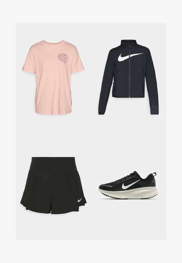 Chaqueta deportiva negra de cremallera completa con cuello alto, mangas largas y gran logo de Nike en blanco en el pecho.; Camiseta de algodón de color rosa claro con mangas cortas, cuello redondo y un gráfico negro que dice "TE VEO AQUÍ FUERA" en el área izquierda del pecho.; Shorts deportivos negros con una cintura ancha, detalles plisados, dobladillo curvado y el logo de Nike en blanco en la parte inferior derecha.; Zapatilla de running Nike negra con parte superior de malla transpirable, logo Swoosh blanco, detalles texturizados y una entresuela ZoomX de color crema.