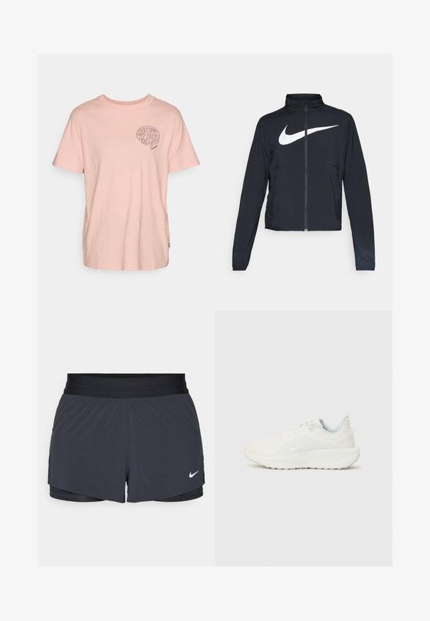 Černá sportovní bunda na zip s vysokým límcem, dlouhými rukávy a velkým bílým logem Nike swoosh přes prsa.; Světle růžové bavlněné tričko s krátkými rukávy, kulatým výstřihem a černou grafikou s nápisem "UVIDÍME SE TADY VENKU" na levé části hrudi.; Černé sportovní kraťasy s elastickým pasem, které mají vrstvený design a malé bílé logo Nike na dolním levém rohu. Lehce materiál.; Bílé sportovní boty s texturovaným svrškem, polstrovaným límcem a šněrováním. Mají zakřivenou podešví a decentní branding na straně.