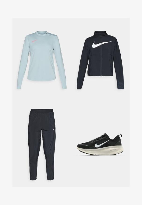 Čierna športová bunda na zips s vysokým golierom, dlhými rukávmi a veľkým bielym logom Nike na hrudi.; Svetlomodrá dlhá rukáv Nike košeľa s okrúhlym výstrihom, s ružovým logom na ľavom ramene a hladkým, textúrovaným materiálom.; Čierne športové nohavice s elastickým pásom, zúženými nohami a malým bielym logom na ľavom stehne. Ľahký, hladký materiál.; Čierne bežecké topánky Nike s priedušnou sieťovinou, bielym logom s symbolom swoosh, textúrovanými detailmi a krémovou ZoomX medzipodrážkou.