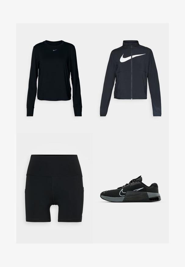 Juodas sportinis džemperis su visiškai užtraukiama užtrauktuku, aukšta apykakle, ilgomis rankovėmis ir dideliu baltu Nike swoosh logotipu per krūtinę.; Juodas ilgomis rankovėmis Nike marškinėliai su apvalia iškirpte, minkšta medžiaga, įprastas jūsų dydžiui, ir maža atspindinčio logotipo detalė ant krūtinės.; Juodi sportiniai šortai pagaminti iš tamprios medžiagos, su aukštu juosmeniu, prigludusia forma ir plokščiais siūlais, užtikrinančiais komfortą bei ilgaamžiškumą.; Juodas sportinis batas su tinklo viršumi, pilkais akcentais ir tekstūruotu viduriniu padais. Yra išsiskiriantis logotipas ir batraiščių dizainas. Guma padais užtikrina sukibimą.