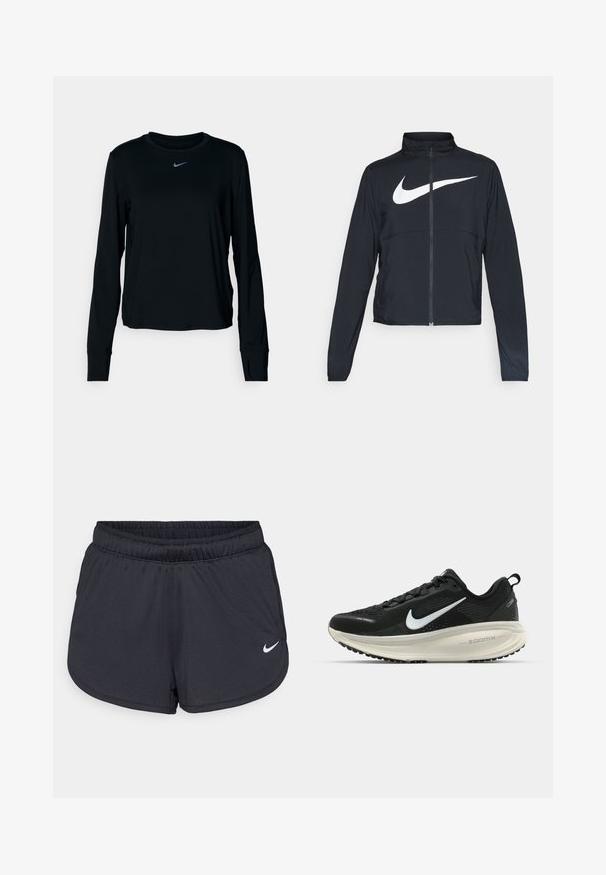 Chaqueta deportiva negra de cremallera completa con cuello alto, mangas largas y gran logo de Nike en blanco en el pecho.; Camiseta de manga larga negra de Nike con cuello redondo, tejido suave, corte regular y pequeño logo reflectante en el pecho.; Pantalones cortos deportivos negros hechos de un tejido ligero y transpirable. Cuentan con una cintura elástica y el logotipo blanco de Nike en la parte inferior derecha.; Zapatilla de running Nike negra con parte superior de malla transpirable, logo Swoosh blanco, detalles texturizados y una entresuela ZoomX de color crema.