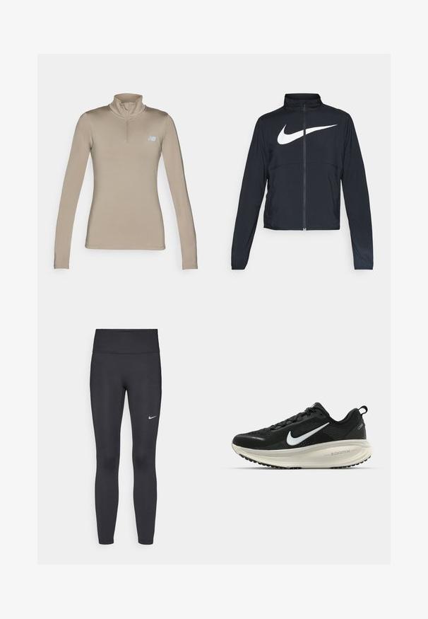 Schwarze Sportjacke mit vollem Reißverschluss, hohem Kragen, langen Ärmeln und großem weißen Nike-Swoosh-Logo auf der Brust.; Beige langärmliges Sportoberteil mit hohem Kragen und Viertelreißverschluss. Verfügt über ein kleines hellblaues Logo auf der oberen linken Brust. Glatte Textur.; Schwarze Leggings aus elastischem Stoff, mit einem hohen Bund und einem weißen Nike-Logo auf dem linken Oberschenkel. Glatte Textur, figurbetontes Design.; Schwarzer Nike-Laufschuh mit atmungsaktivem Mesh-Obermaterial, weißem Swoosh-Logo, strukturierten Details und einer cremefarbenen ZoomX-Zwischensohle.