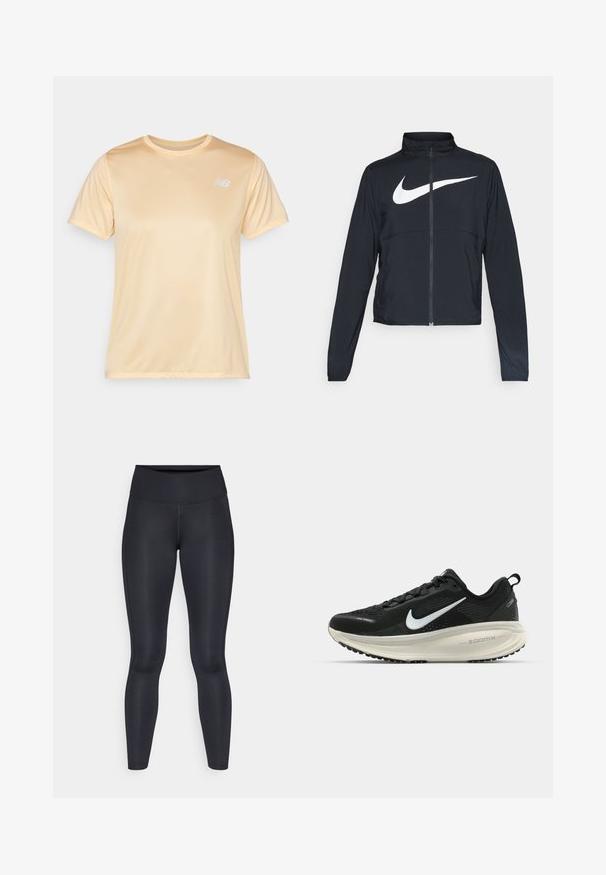 Must musta täispikk vary hoodie kõrge krae, pikad varrukad ja suur valge Nike swooshi logo rinnal.; New Balance Spordi T-särk - peach blossom; Mustad mustad, mis on valmistatud siledast ja venivast kangast. Kõrge vöökoht, ilma nähtavate mustrite või aksessuaarideta. Sobivad tihedalt puusadelt kuni pahkluuni.; Musthave mustus Nike jooksujalats, millel on hingav võrgust ülemine osa, valge swoosh logo, tekstuuriga detailid ja kreemja värvusega ZoomX vahevöö.