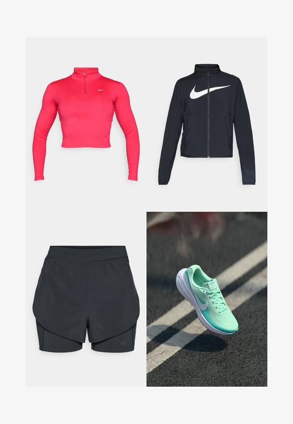 Must musta täispikk vary hoodie kõrge krae, pikad varrukad ja suur valge Nike swooshi logo rinnal.; Roosa lühike, pika varrukaga sportlik topp, millel on kõrge krae ja neljandik tõmblukk. Valmistatud siledast ja venivast kangast, millel on väike valge logo.; Mustad musta sportlikud lühikesed püksid kihilise disainiga, millel on sile välimine kiht ja istuvad sisepüksid. Valmistatud kergest, venivast kangast.; Kerge, mündiroheline jooksmise king, millel on võrgust ülemine osa, pehme kaelus ja valgest kummist tallaosa. Nike logo küljel; paelad nähtavad.