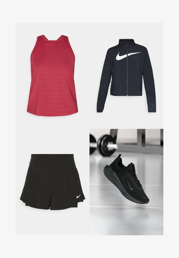 Giacca sportiva nera con zip completa, colletto alto, maniche lunghe e grande logo swoosh bianco Nike sul petto.; Top atletico senza maniche rosso con collo alto e pannelli in rete sulle spalle, progettato per donne.; Pantaloni sportivi neri con una vita alta, dettagli plissettati, orlo curvo e logo Nike bianco sul lato inferiore destro.; Sneaker sportivo nero con logo Nike, mostrato in volo su un pavimento da palestra, con un supporto per pesi sfocato sullo sfondo.