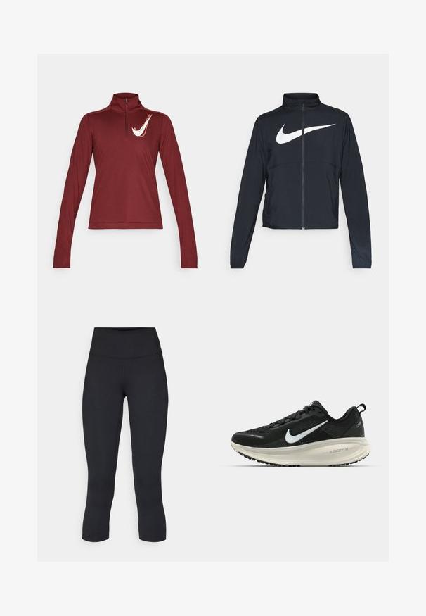 Zwarte sportjas met volledige rits, hoge kraag, lange mouwen en groot wit Nike swoosh-logo op de borst.; Bordeaux lange mouwen top met hoge kraag en halve rits, met een wit Nike-logo op de linkerborst, zachte textuur met een slim-fit ontwerp.; Zwarte cropped leggings van rekbaar materiaal, met een hoge tailleband en een gladde textuur, zonder zichtbare patronen of hardware.; Zwarte Nike hardloopschoen met ademend mesh bovenwerk, witte swoosh-logo, gestructureerde details en een crèmekleurige ZoomX middenzool.