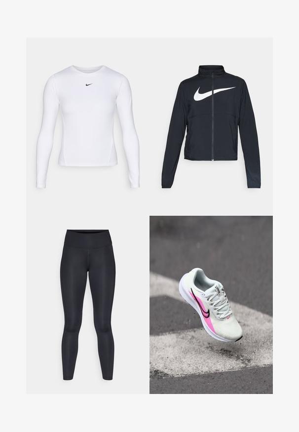 Schwarze Sportjacke mit vollem Reißverschluss, hohem Kragen, langen Ärmeln und großem weißen Nike-Swoosh-Logo auf der Brust.; Langärmliges weißes Sportshirt aus leichtem, atmungsaktivem Material mit einer taillierten Passform. Besitzt ein kleines schwarzes Nike-Logo auf der Brust.; Schwarze Leggings aus glattem, dehnbarem Stoff. Hoher Bund ohne sichtbare Muster oder Akzente. Enganliegend von der Taille bis zu den Knöcheln.; Leichte Laufschuhe aus weißem Mesh mit pinken und schwarzen Akzenten, erhöhtem Absatz und strukturiertem Sohlen, in der Luft über dem Bürgersteig positioniert.