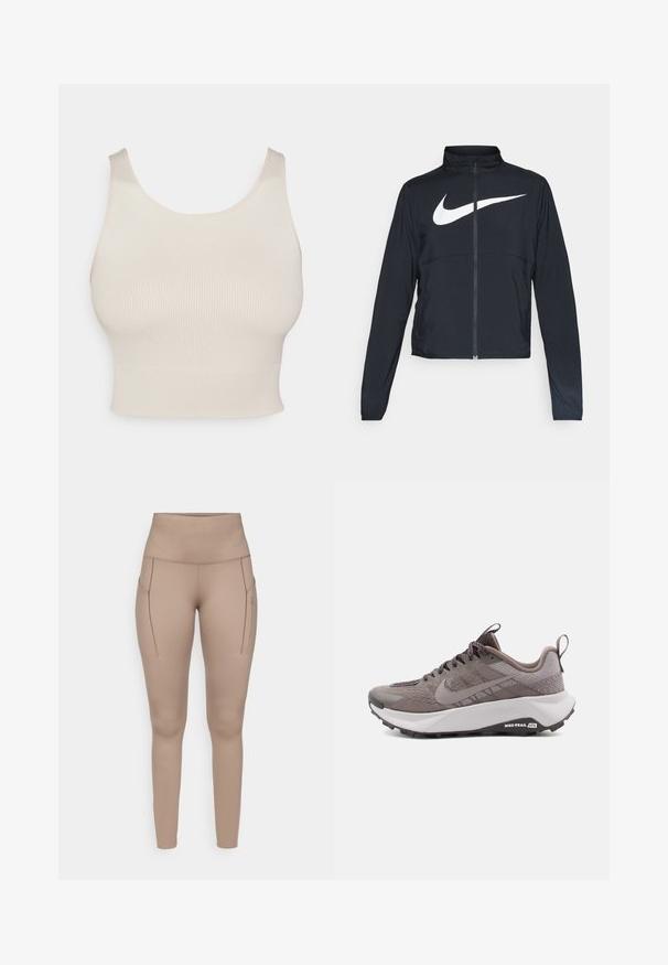 Giacca sportiva nera con zip completa, colletto alto, maniche lunghe e grande logo swoosh bianco Nike sul petto.; Top corto a coste beige con spalline larghe, scollatura rotonda e vita aderente. La texture è liscia, realizzato in un tessuto leggero e elasticizzato.; Leggings sportivi beige con vita alta, dotati di due tasche laterali e un tessuto morbido e elasticizzato. Dettaglio del logo discreto in grigio.; Scarpe da trail running Nike grigie con tomaia testurizzata, punta rinforzata, intersuola ammortizzata e suola in gomma nera. Comprende lacci e linguetta di estrazione.