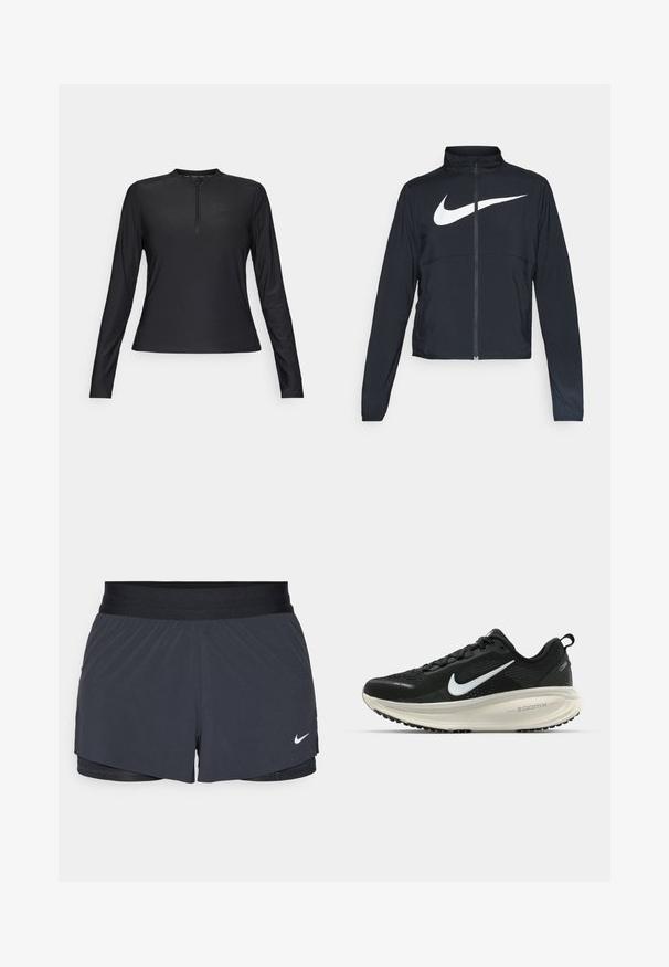 Schwarze Sportjacke mit vollem Reißverschluss, hohem Kragen, langen Ärmeln und großem weißen Nike-Swoosh-Logo auf der Brust.; Schwarz langärmliges Shirt aus glattem, leichtem Material. Mit einem Reißverschluss am Hals und einem dezenten Logo auf der Brust.; Schwarze Sportshorts mit elastischem Bund, ausgestattet mit einem geschichteten Design und einem kleinen weißen Nike-Logo unten links. Leichtes Material.; Schwarzer Nike-Laufschuh mit atmungsaktivem Mesh-Obermaterial, weißem Swoosh-Logo, strukturierten Details und einer cremefarbenen ZoomX-Zwischensohle.