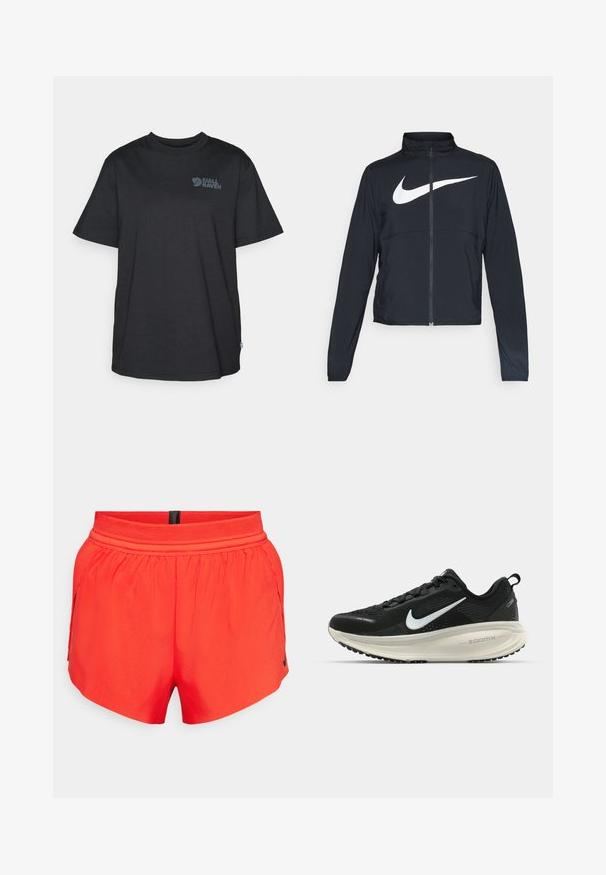 Black full-zip sports jacket with high collar, long sleeves, and large white Nike swoosh logo across the chest.; Black cotton t-shirt with short sleeves, crew neck, featuring a grey logo print on the upper left side and a small Swedish flag accent.; Red athletic shorts made of lightweight fabric with an elastic waistband, featuring side pockets and a small black logo on the hem.; Black Nike running shoe with breathable mesh upper, white swoosh logo, textured detailing, and a cream-colored ZoomX midsole.