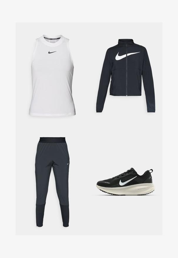 Casaco desportivo preto com fecho éclair completo, gola alta, mangas longas e grande logótipo branco da Nike na parte frontal.; Top atlético branco sem mangas com um decote redondo e um pequeno logotipo da Nike preto no peito. Feito de um tecido liso e leve.; Calças de treino Nike em cinza escuro, com um design de perna afunilada, cintura elástica e detalhes de destaque próximo aos punhos.; Sapatilha de corrida Nike preta com parte superior de malha respirável, logotipo Swoosh branco, detalhes texturizados e uma entressola ZoomX na cor creme.
