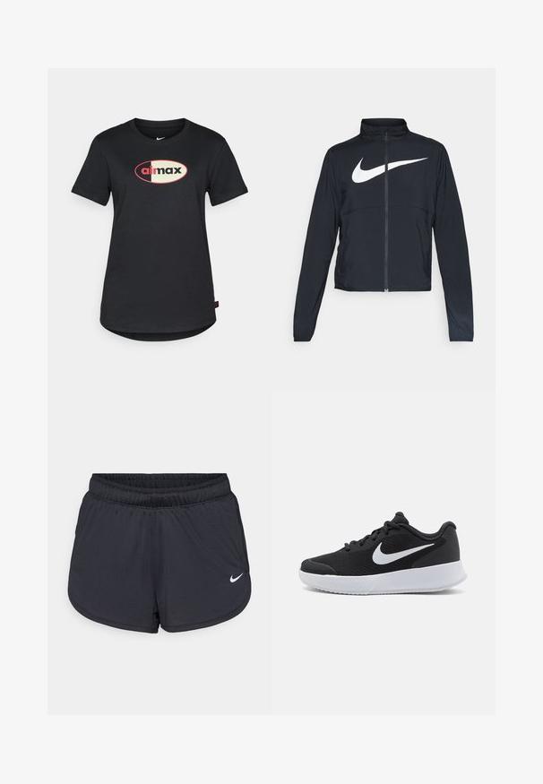 Crna sportska jakna s punim patentnim zatvaračem, visokim ovratnikom, dugim rukavima i velikim bijelim Nike swoosh logom preko grudi.; Crni pamučni T-shirt s okruglim izrezom, kratkim rukavima i središnjim "airmax" logotipom u crvenoj i krem boji sprijeda.; Crne sportske kratke hlače s elastičnim pojasom, sportski dizajn i bijeli Nike logo na donjem prednjem dijelu. Teksturirani materijal.; Crne atletske cipele s teksturiranim mrežastim gornjištem. Sadrže bijeli Swoosh logo, obloženu ovratnik, dizajn s vezicama i bijelu gumenu đon.