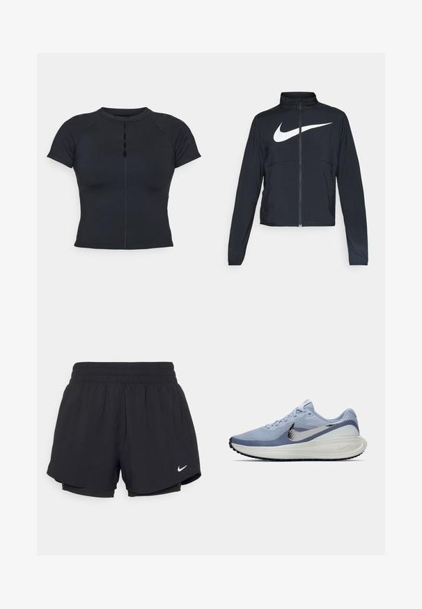 Fekete, teljes cipzáros sportdzseki magas gallérral, hosszú ujjal, amelyen egy nagy, fehér Nike logó található a mellkason.; Fekete, rövid ujjú felső magas nyakkal, elülső gombos részlettel, rugalmas anyagból készült, raglán ujjakkal és lapos varrásokkal.; Fekete sportnadrág, gumírozott derékpánttal, belső béléssel és fehér Nike logóval az alsó bal oldalon. Similaire, könnyű anyag.; Világoskék és fehér Nike futócipő ezüst swoosh logóval, légáteresztő hálós felsővel, párnázott talppal és fekete talpkiképzéssel.