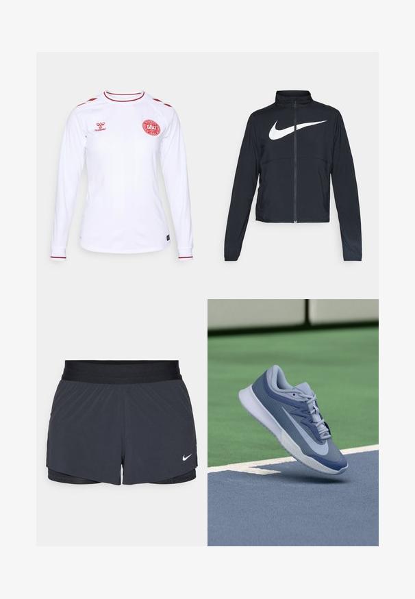 Veste de sport noire zippée sur toute la longueur avec un col haut, des manches longues et un grand logo Nike swoosh blanc sur la poitrine.; Jersey à manches longues blanc en tissu lisse, avec des accents rouges sur les épaules et le col, et un logo rouge circulaire sur la poitrine.; Shorts de sport noirs avec une taille élastique, dotés d'un design superposé et d'un petit logo Nike blanc en bas à gauche. Matière légère.; Basket en toile bleu clair et marine, dotée d'une tige texturée, de lacets plats et d'une semelle blanche légère. Élevée au-dessus d'une surface de terrain.