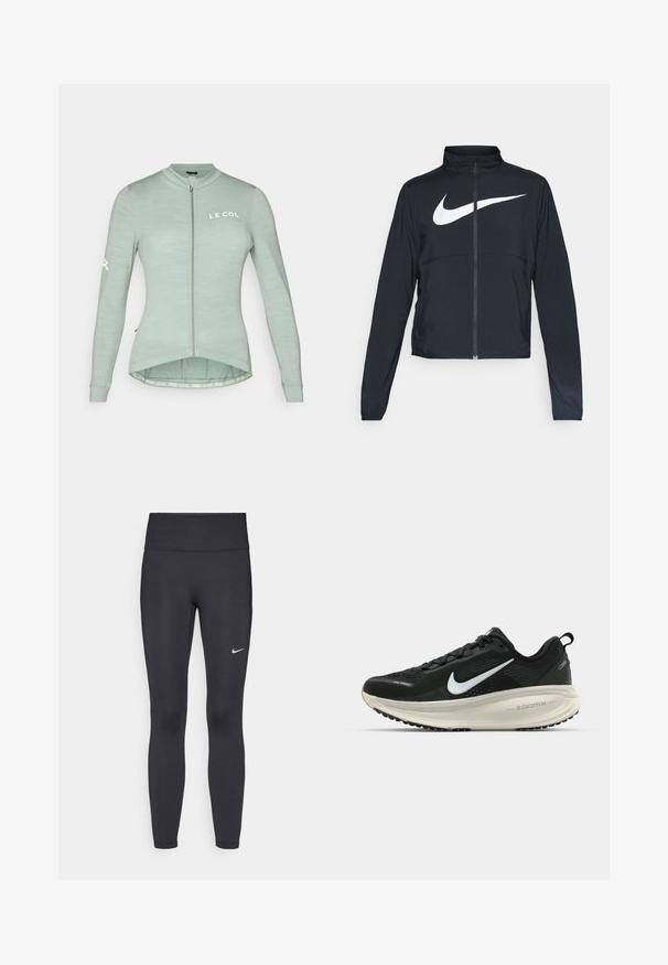 Czarna bluza sportowa na zamek błyskawiczny z wysokim kołnierzem, długimi rękawami i dużym białym logo Nike na klatce piersiowej.; Jasnozielona koszulka rowerowa z długim rękawem, pełnym zamkiem błyskawicznym i zaokrąglonym dołem. Zawiera logo "LE COL" z przodu i z tyłu.; Czarne legginsy z elastycznego materiału, z wysokim pasem i białym logo Nike na lewym udzie. Gładka tekstura, dopasowany krój.; Czarna biegowa półbut z oddychającej siateczki, białym logo swoosh, teksturowanymi detalami oraz kremową podeszwą środkową ZoomX.