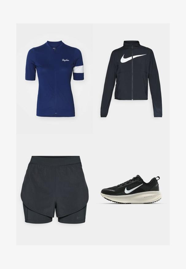 Black full-zip sports jacket with high collar, long sleeves, and large white Nike swoosh logo across the chest.; Short-sleeve cycling jersey in navy blue with textured fabric. Features a full zipper, white striped accent on the sleeve, and logo.; Black athletic shorts with a layered design, featuring a smooth outer layer and fitted inner shorts. Made of lightweight, stretch fabric.; Black Nike running shoe with breathable mesh upper, white swoosh logo, textured detailing, and a cream-colored ZoomX midsole.