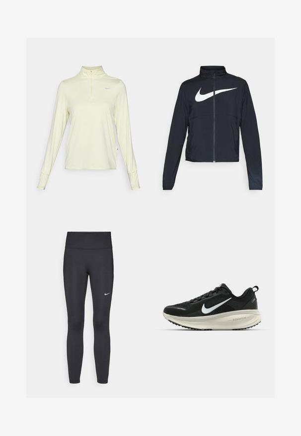 Zwarte sportjas met volledige rits, hoge kraag, lange mouwen en groot wit Nike swoosh-logo op de borst.; Nike Performance SWIFT - Longsleeve - life lime/white/reflective silver; Zwarte legging van rekbare stof met een hoge tailleband en een wit Nike-logo op de linkerdij. Gladde textuur, aansluitend ontwerp.; Zwarte Nike hardloopschoen met ademend mesh bovenwerk, witte swoosh-logo, gestructureerde details en een crèmekleurige ZoomX middenzool.