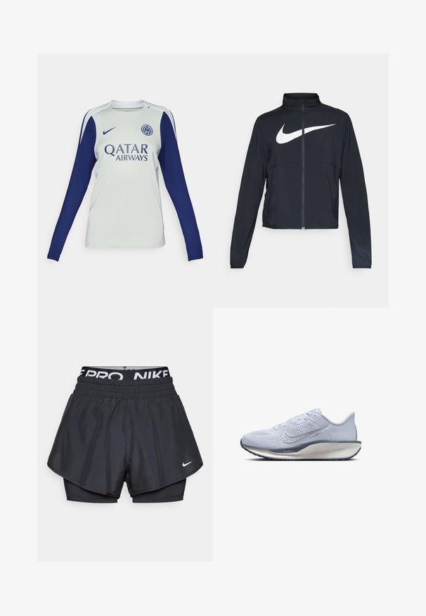 Giacca sportiva nera con zip completa, colletto alto, maniche lunghe e grande logo swoosh bianco Nike sul petto.; Maglietta da calcio a maniche lunghe di colore grigio chiaro con maniche blu navy. Presenta un collo rotondo, il logo Nike e il marchio Qatar Airways nella parte anteriore.; Pantaloni athletic neri con design a strati, caratterizzati da uno strato esterno traspirante, cintura elastica con logo e un piccolo logo davanti.; Scarpa da corsa azzurro chiaro con tomaia in rete traspirante, accenti testurizzati, suola ammortizzata e suola esterna di un blu scuro a contrasto.