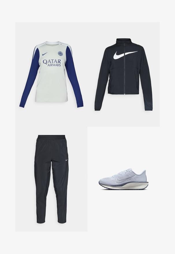 Sort fuld-zip sportsjakke med høj krave, lange ærmer og stort hvidt Nike swoosh-logo på brystet.; Langærmet fodboldtrøje i lys grå med marineblå ærmer. Har en rund halsudskæring, Nike-logo og Qatar Airways-mærkning på fronten.; Sorte træningsbukser med elastisk talje, tapered ben og et lille hvidt logo på venstre lår. Let, glat stof.; Lyseblå løbesko med en åndbar mesh-overdel, teksturerede detaljer, polstret sål og en kontrasterende mørkeblå ydersål.