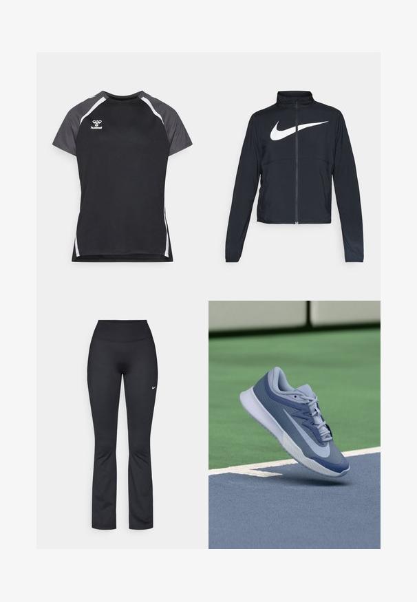 Juodas sportinis džemperis su visiškai užtraukiama užtrauktuku, aukšta apykakle, ilgomis rankovėmis ir dideliu baltu Nike swoosh logotipu per krūtinę.; Juodas sportinis marškinėlis trumpomis rankovėmis, su pilkomis detalėmis ant pečių ir baltais šonų juostelėmis. Viršutiniame kairiajame kampe yra logotipas.; Juodos sportinės tamprės su aukšta liemeniu, pagamintos iš lygaus, tampriai priglundančio audinio. Kairėje šlaunyje yra mažas baltas Nike logotipas.; Sportiniai batai šviesiai mėlynos ir tamsiai mėlynos spalvos, su tekstūruota viršutine dalimi, plokščiomis raišteliais ir lengva balta padu. Pakelti virš aikštelės paviršiaus.