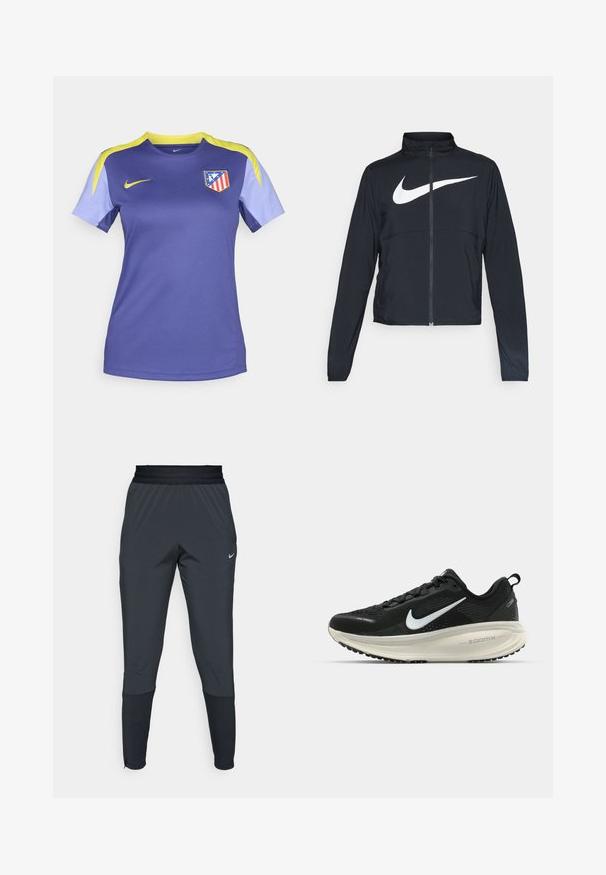 Casaco desportivo preto com fecho éclair completo, gola alta, mangas longas e grande logótipo branco da Nike na parte frontal.; Camisa de futebol roxa da Nike com detalhes em amarelo e mangas roxas claras, apresentando o logo do Atlético de Madrid no lado esquerdo do peito.; Calças de treino Nike em cinza escuro, com um design de perna afunilada, cintura elástica e detalhes de destaque próximo aos punhos.; Sapatilha de corrida Nike preta com parte superior de malha respirável, logotipo Swoosh branco, detalhes texturizados e uma entressola ZoomX na cor creme.