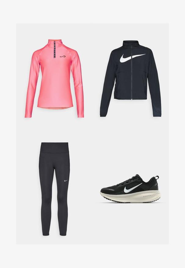 Fekete, teljes cipzáros sportdzseki magas gallérral, hosszú ujjal, amelyen egy nagy, fehér Nike logó található a mellkason.; Hosszú ujjú, cipzáras felső élénk rózsaszínben, texturált mintázattal. Magas gallérral és fekete "ENDLESS" logóval az elülső részen.; Fekete leggings elasztikus anyagból, magas derékkal és fehér Nike logóval a bal combon. Simább textúra, testhez álló kialakítás.; Fekete Nike futócipő légáteresztő hálós felsőrésszel, fehér Swoosh logóval, textúrázott részletekkel és krém színű ZoomX középtalppal.