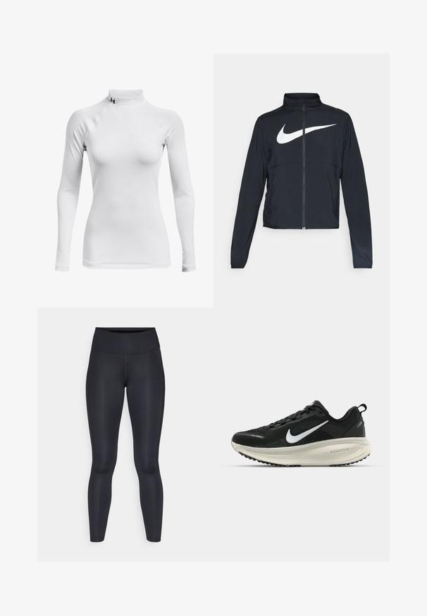 Must musta täispikk vary hoodie kõrge krae, pikad varrukad ja suur valge Nike swooshi logo rinnal.; Pikad varrukad valgest sporditeest, kõrge kaeluse ja sileda, veniva kangaga; sisaldab raglani varrukaid ja väikest musta logo.; Mustad mustad, mis on valmistatud siledast ja venivast kangast. Kõrge vöökoht, ilma nähtavate mustrite või aksessuaarideta. Sobivad tihedalt puusadelt kuni pahkluuni.; Musthave mustus Nike jooksujalats, millel on hingav võrgust ülemine osa, valge swoosh logo, tekstuuriga detailid ja kreemja värvusega ZoomX vahevöö.