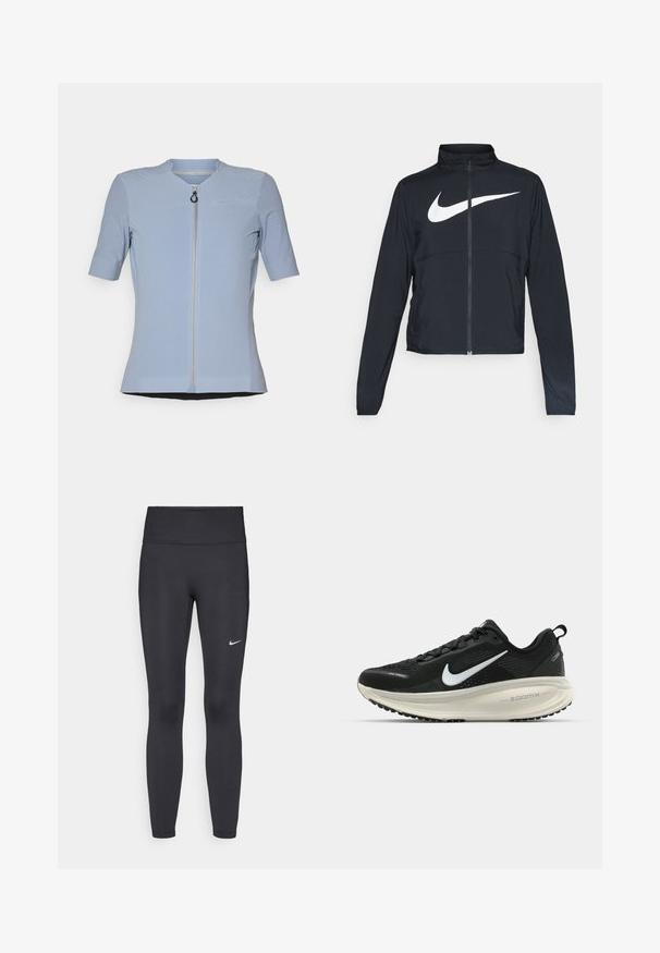 Juodas sportinis džemperis su visiškai užtraukiama užtrauktuku, aukšta apykakle, ilgomis rankovėmis ir dideliu baltu Nike swoosh logotipu per krūtinę.; Šviesiai mėlynas trumpas rankovėmis užtrauktuku užsegamas viršus su tekstūruotu raštu, apvaliu iškirpimu ir mažomis krūtinės kišenėmis. Lygaus audinio, prigludusios fasono.; Juodi leggingai iš elastingos medžiagos, turintys aukštą juosmenį ir baltą Nike logotipą kairėje šlaunyje. Lygus paviršius, prigludusi dizainas.; Juodas Nike sportinis batelis su kvėpuojančiu tinklu, baltu swoosh logotipu, tekstūruoto dizaino detalėmis ir grietinėlės spalvos ZoomX viduriu.