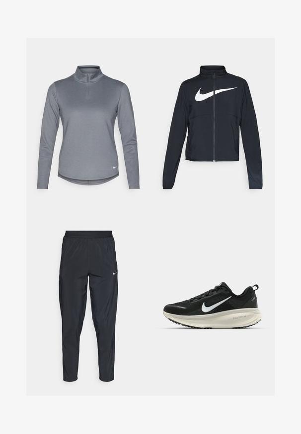Must musta täispikk vary hoodie kõrge krae, pikad varrukad ja suur valge Nike swooshi logo rinnal.; Hall 4 varrukatega hall pullover, millel on veerand-zipper krae, sile tekstuur ja väike valge logo alumises vasakus nurgas. Omab küljetükke.; Mustad mustrenid spordipüksid elastse vööga, kitsendatud säärtega ja väikese valge logoga vasakul reitel. Kerge ja sile kangas.; Musthave mustus Nike jooksujalats, millel on hingav võrgust ülemine osa, valge swoosh logo, tekstuuriga detailid ja kreemja värvusega ZoomX vahevöö.