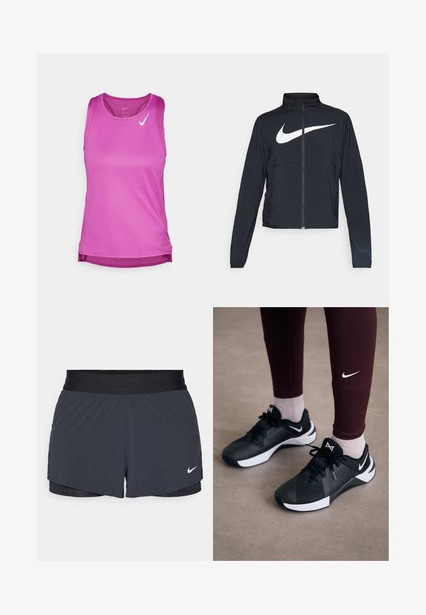 Casaco desportivo preto com fecho éclair completo, gola alta, mangas longas e grande logótipo branco da Nike na parte frontal.; Nike Performance FAST TANK - Top - hot fuchsia/reflective silver; Calças curtas de atletismo pretas com um cós elástico, apresentando um design em camadas e um pequeno logótipo da Nike em branco no canto inferior esquerdo. Material leve.; Ténis atléticos pretos com um upper texturizado e detalhes brancos, apresentando atacadores e um logo lateral. Usados com leggings cor-de-vinho e meias claras.