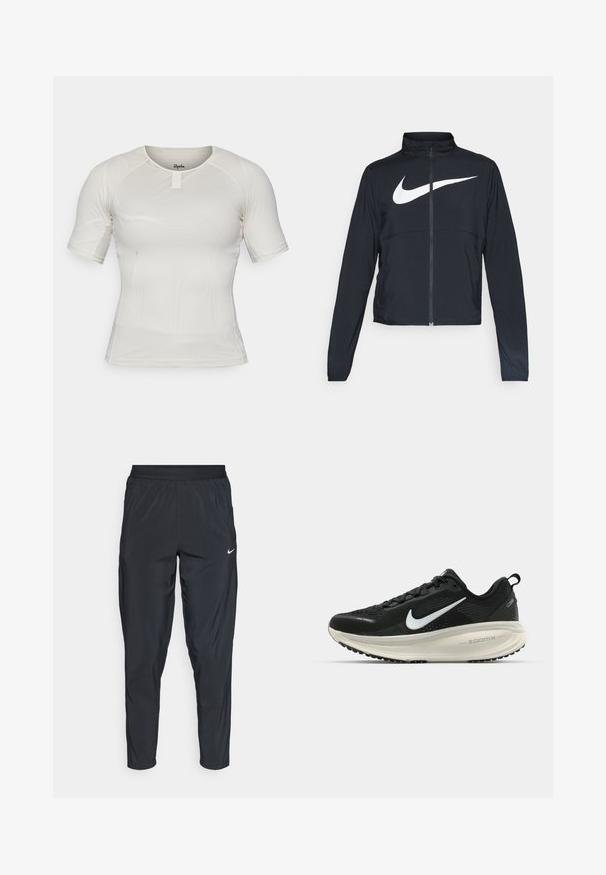 Črna športna jakna z polnim zadrgo, visokim ovratnikom, dolgimi rokavi in velikim belim logotipom Nike swoosh čez prsi.; Kratka športna majica s kratkimi rokavi iz svetlo bež mrežaste tkanine z okroglo ovratnikom in podrobnostjo na sprednji strani. Raztegljiv in prilegan kroj za udobje.; Črne športne hlače z elastičnim pasom, ožjimi hlačnicami in majhnim belim logotipom na levem stegnu. Lahka, gladka tkanina.; Črne Nike tekaške čevlje z zračno mrežno zgornjim delom, belim logotipom Swoosh, teksturiranimi detajli in smetanasto barvnim srednjim delom ZoomX.